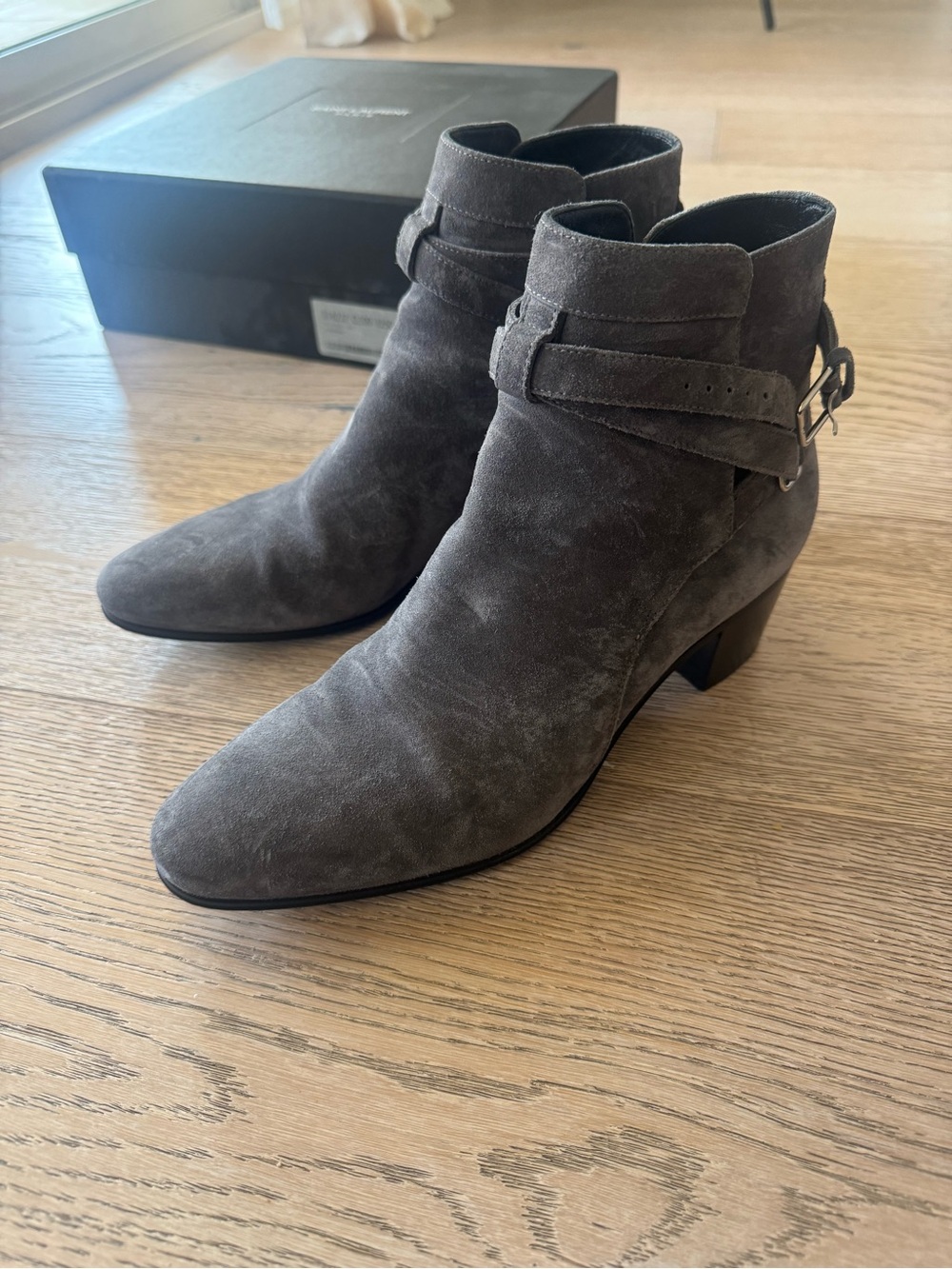 Saint Laurent Gray Suede Ankle Booties with Buckle Strap